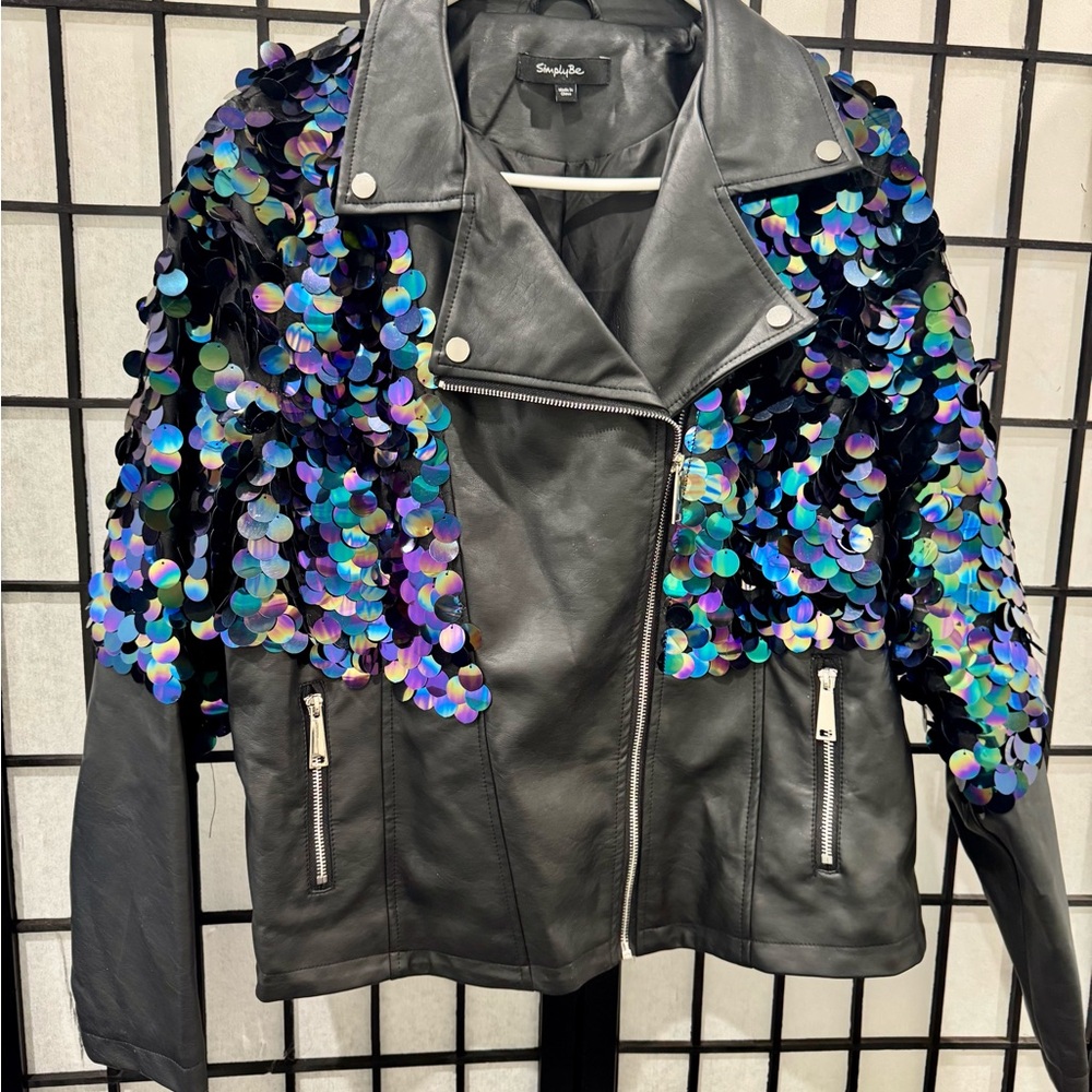 BLING!  Sequined Black Faux Leather Jacket Size 16